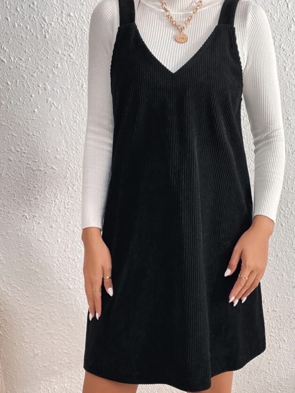 SHEIN Black V-Neck Corduroy Mini Slip Dress